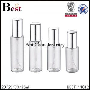 clear tube bottle with shiny silver aluminum sprayer and cap 20ml 25ml 30ml 35ml