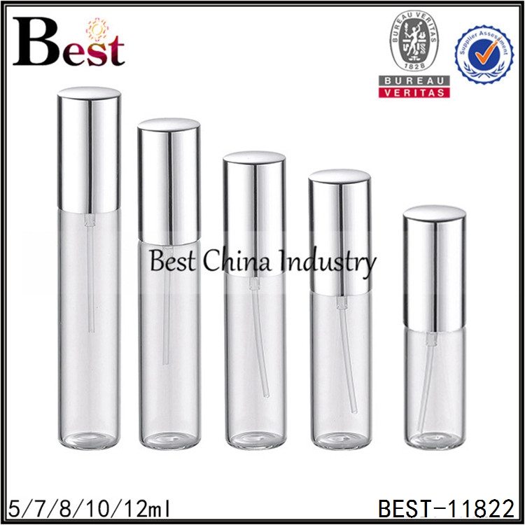 2016 China New Design
 sample tube glass perfume bottle silver aluminum sprayer and cap 5/7/8/10/12ml Factory in Lisbon