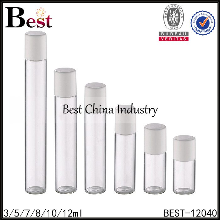 Factory made hot-sale
 small clear tube glass roller bottle with glass roller and white cap 3/5/7/8/10/12ml in Mexico