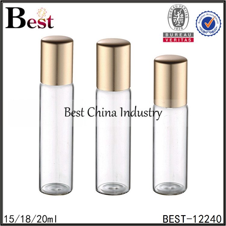 18 Years Factory offer
 big clear tube glass bottle with metal roller gold aluminum cap 15/18/20ml Manufacturer in Islamabad