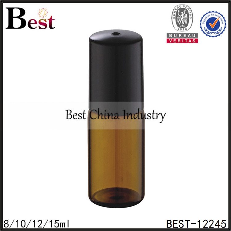 amber tube glass bottle with glass roller and black plastic cap 8/10/12/15ml