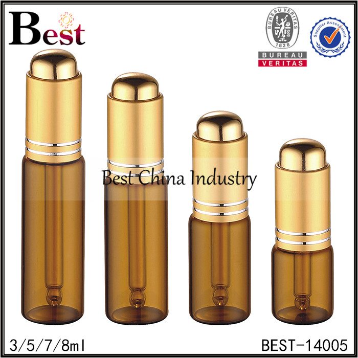 OEM China High quality
 small 13mm neck amber tube glass bottle with matte gold press dropper 3/5/7/8ml Supply to Johannesburg