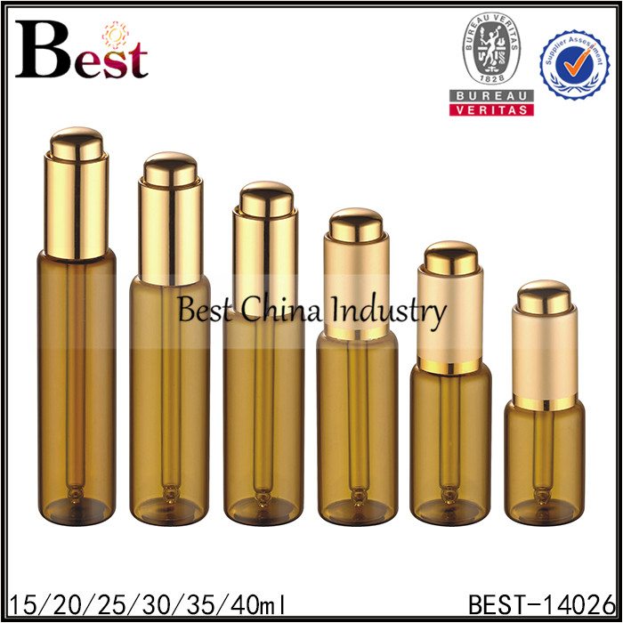 Factory Price
 18mm neck amber glass bottle with gold alumninum press dropper 15/20/25/30/35/40ml Factory in Lahore