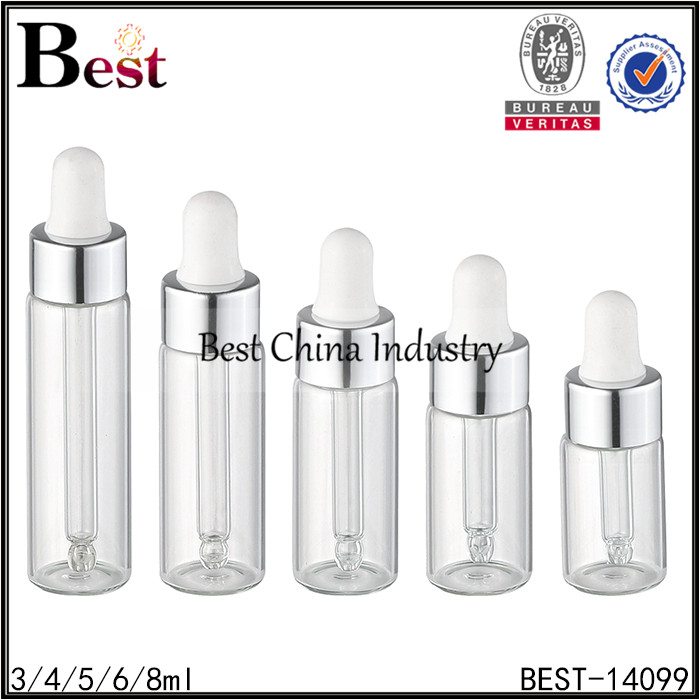 Professional High Quality
 clear sample tube glass bottle shiny silver dropper cap 3/4/5/6/8ml Factory in Madras