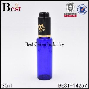blue colored tube glass bottle with black press dropper 30ml