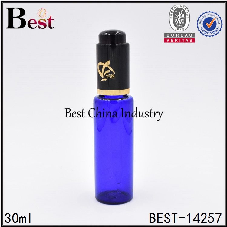 2016 China New Design
 blue colored tube glass bottle with black press dropper 30ml Factory in Moldova