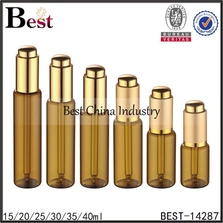 Discount wholesale
 brown tube glass bottle gold press dropper top 15/20/25/30/35/40ml Supply to Atlanta