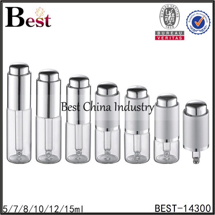 High reputation for
 clear tube essential oil bottle silver aluminum press dropper 5/7/8/10/12/15ml in European