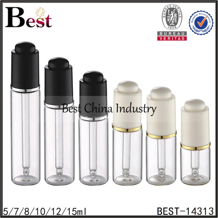 Wholesale 100% Original
 small clear dropper bottle white black plastic press dropper 5/7/8/10/12/15ml Factory from Bhutan