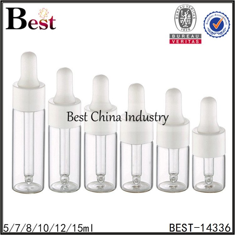 Bottom price for
 small tube glass essential oil bottle white dropper cap 5/7/8/10/12/15ml Factory from Sydney