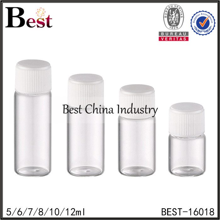 9 Years Factory
 clear round glass tube bottle with white ribbed plastic cap 5/6/7/8/10/12ml Factory from Mauritius