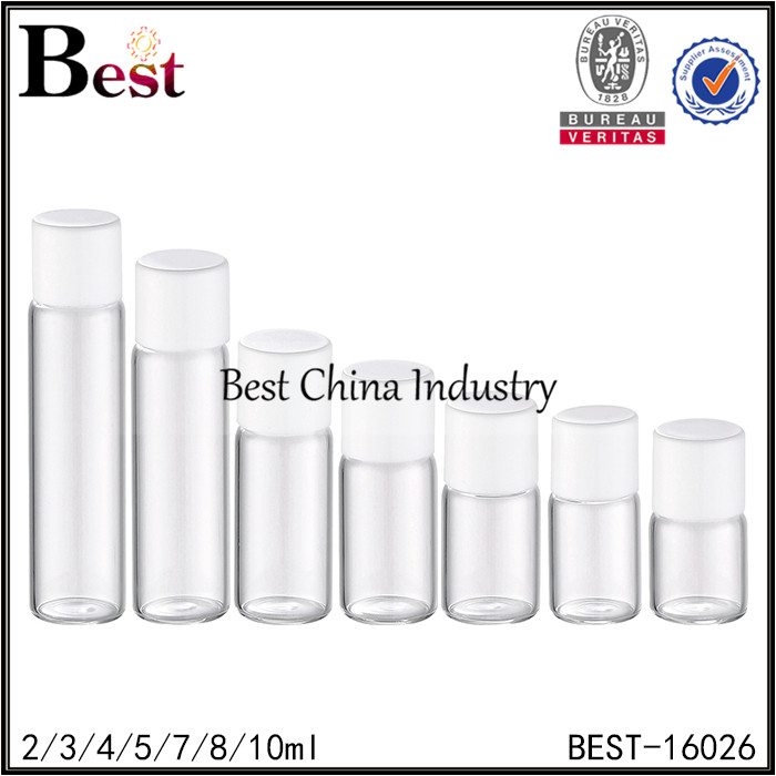 round clear tube bottle with white cap and small insert 2/3/4/5/7/8/10ml