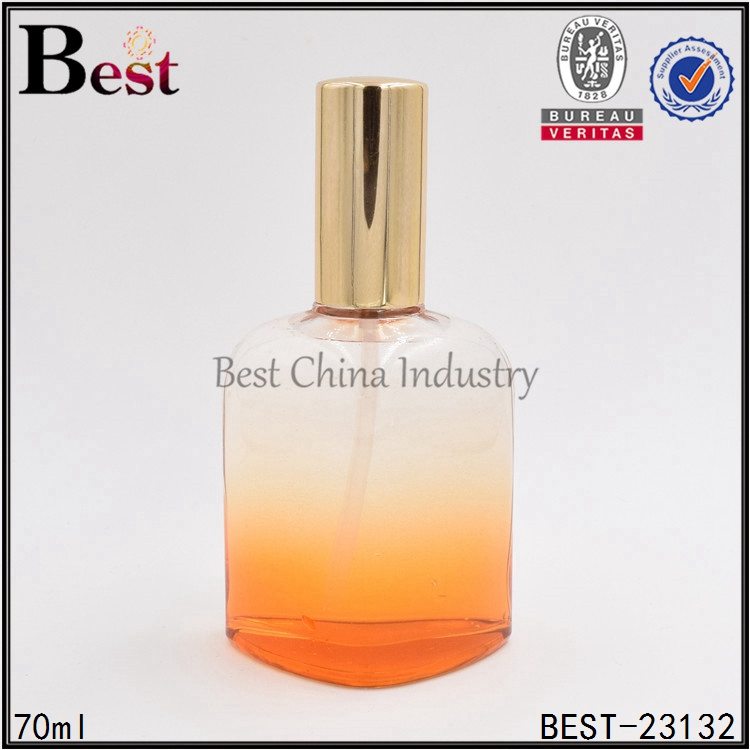 60% OFF Price For
 orange color triangle shape perfume bottle with gold aluminum sprayer 70ml  Wholesale to Malaysia