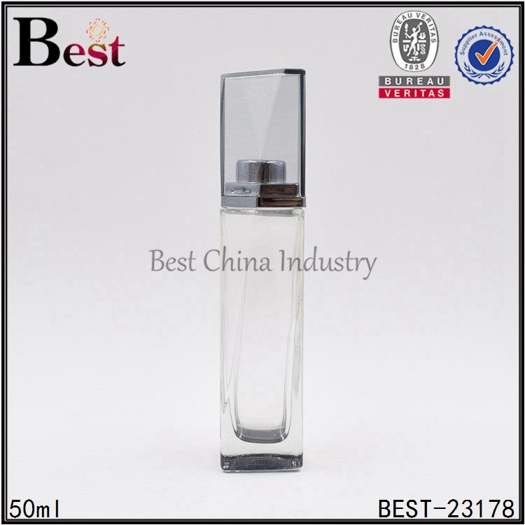 100% Original Factory
 clear square glass perfume bottle with special high cap 50ml  Factory from Iran