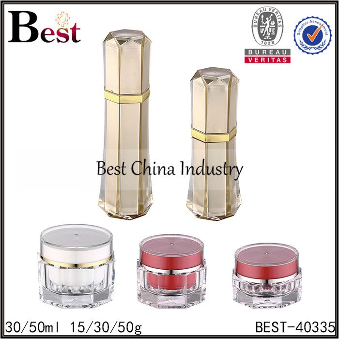 Factory wholesale price for
 polygon shape red gold acrylic jar and bottle, 15/30/50g ,30/50ml Wholesale to Bangkok
