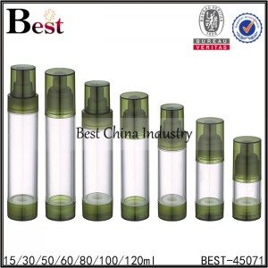 clear airless pump bottle, green tops and bottom 15/30/50/80/100/120ml