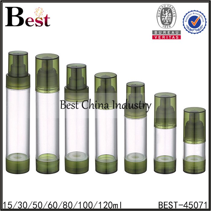 Bottom price for
 clear airless pump bottle, green tops and bottom 15/30/50/80/100/120ml Factory in Swiss