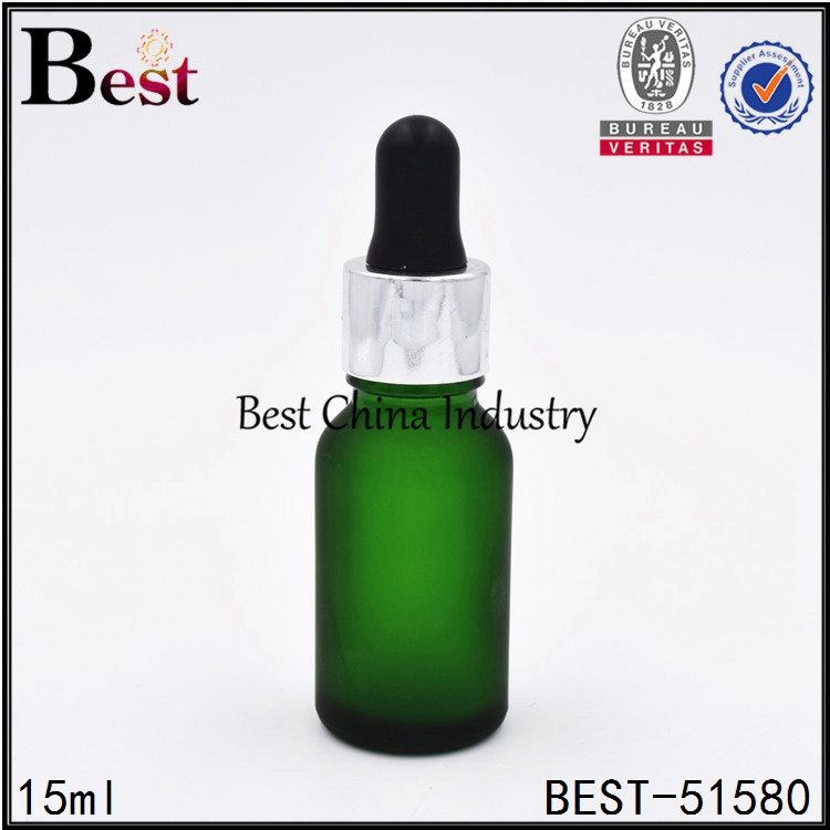 Factory best selling
 frosted green color glass bottle with aluminum dropper top 15ml 0.5oz Factory in Mexico