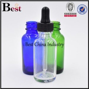 clear green blue cosmetic Boston glass bottle with dropper top 1oz