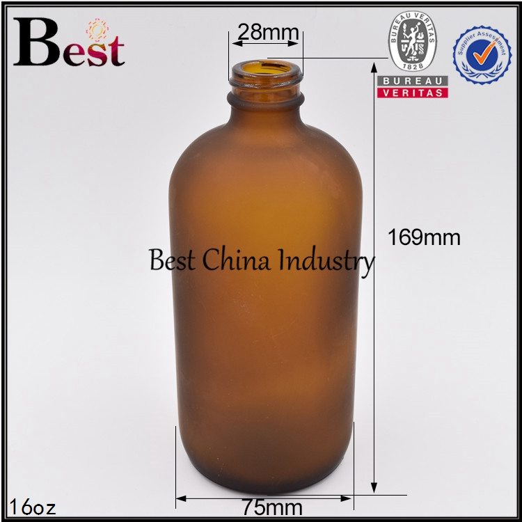 Factory wholesale
 cosmetic frosted brown amber color glass bottle Boston 16oz Factory for Brazil