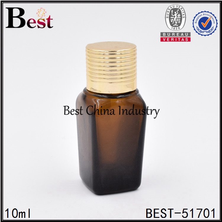 20 Years Factory
 amber square essential oil bottle with reducer and gold cap 10 ml Manufacturer in Las Vegas