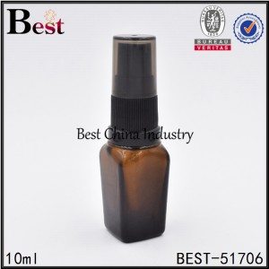 square amber glass bottle with black plastic sprayer cap 10ml