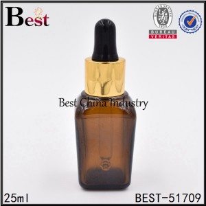 cosmetic square amber glass dropper bottle for essence 25ml