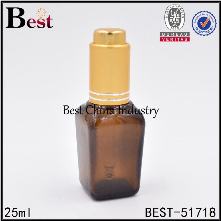 Top Quality
 amber color square glass bottle with press pump dropper 25 ml Manufacturer in Vancouver