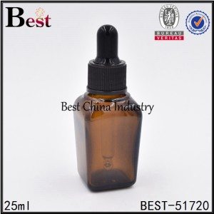 empty square glass bottle with dropper cap for cosmetic essence 25ml