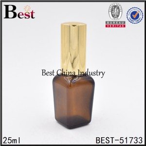 amber color square cosmetic glass bottle with gold aluminum sprayer top 25ml 50ml