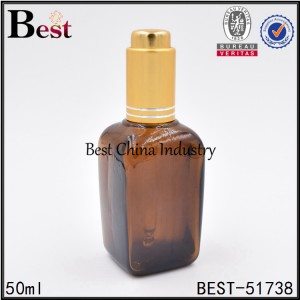 amber color square glass bottle with press pump dropper top 50ml