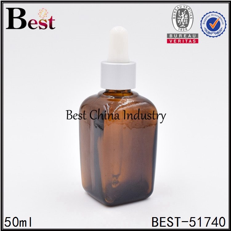 Hot-selling attractive
 amber color square shape cosmetic glass bottle with aluminum dropper top 50ml  in Rome
