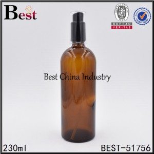 unique shape amber color cosmetic glass bottle with pump 230ml