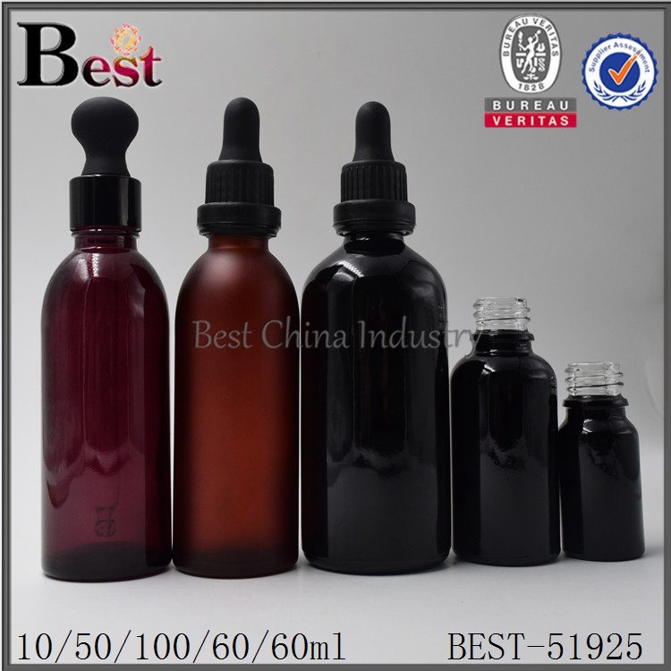 Good quality 100%
 frosted black amber red color glass essential oil bottle 10ml 50ml 60ml 100ml Factory in Russia