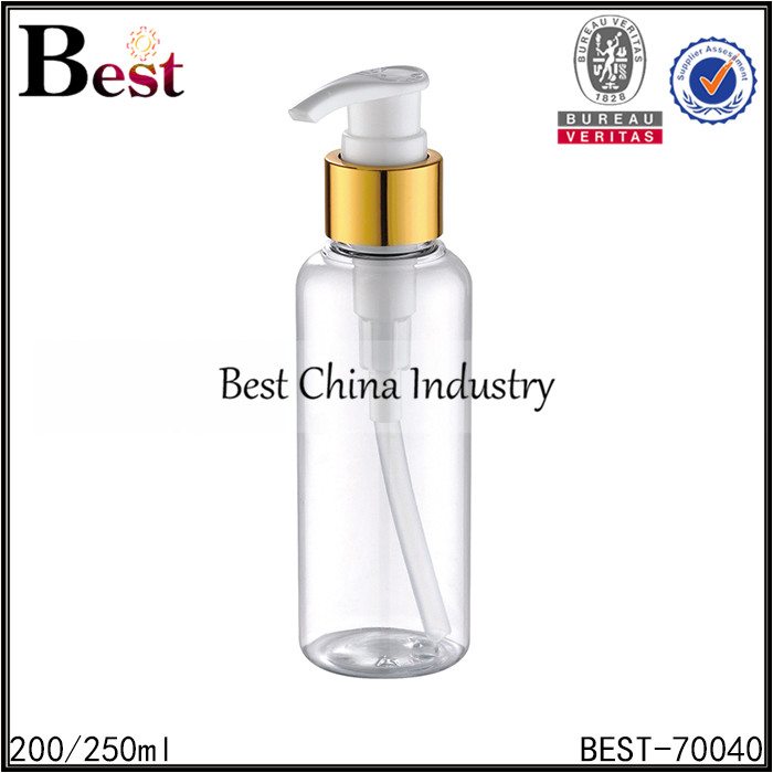 15 Years manufacturer
 clear round plastic bottle with gold aluminum lotion pump 200/250ml Factory in Sri Lanka