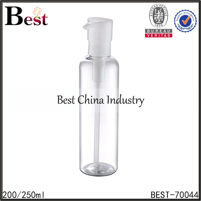 clear round plastic bottle with gold aluminum lotion pump 200/250ml