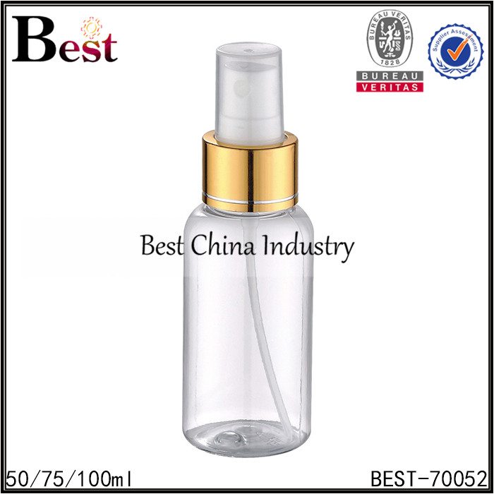19 Years manufacturer
 clear PET round bottle with gold aluminum sprayer 50/75/100ml Factory in Slovak Republic