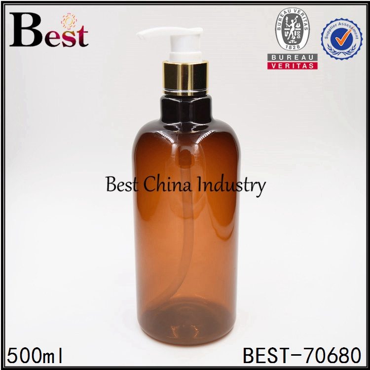 Factory directly provided
 amber PET plastic bottle with gold aluminum shampoo pump 500ml Factory in Barbados