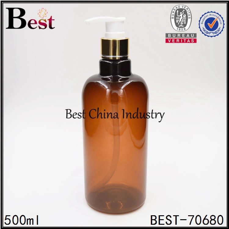 13 Years Factory
 amber PET plastic bottle with gold aluminum shampoo pump 500ml Factory in Serbia