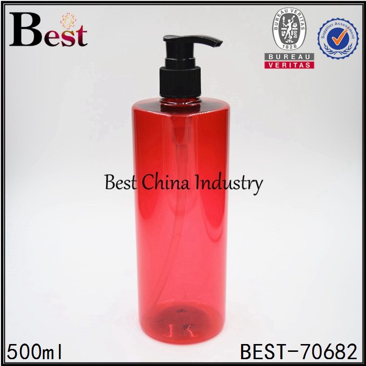 6 Years Factory
 red color PET plastic shampoo bottle with plastic pump 500ml Supply to Las Vegas