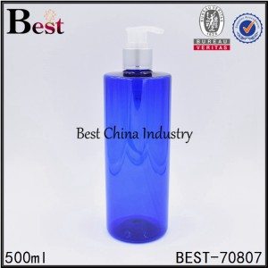blue color PET plastic shampoo bottle with pump 500ml