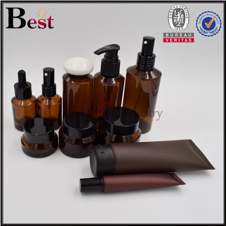 Factory Cheap
 cosmetic amber PET plastic bottle plastic tube and amber glass jar whole set Factory for Bangalore