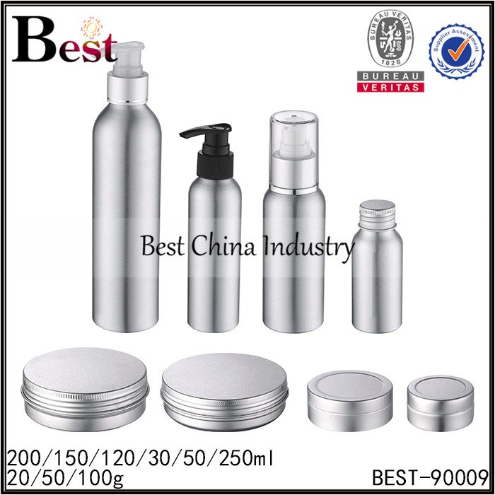 30 Years Factory silver aluminum pump bottle, aluminum jar with screw cap 30/50/120/150/200/250ml Wholesale to Accra