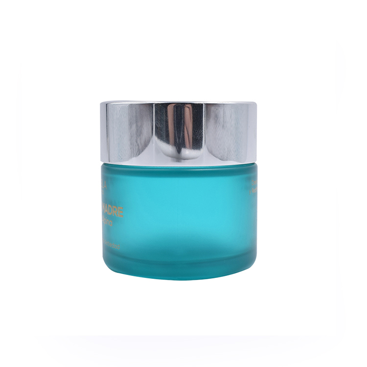 straight sided round glass eye cream jar 50ml 50g ocean blue frosted glass jar with silver metal lid
